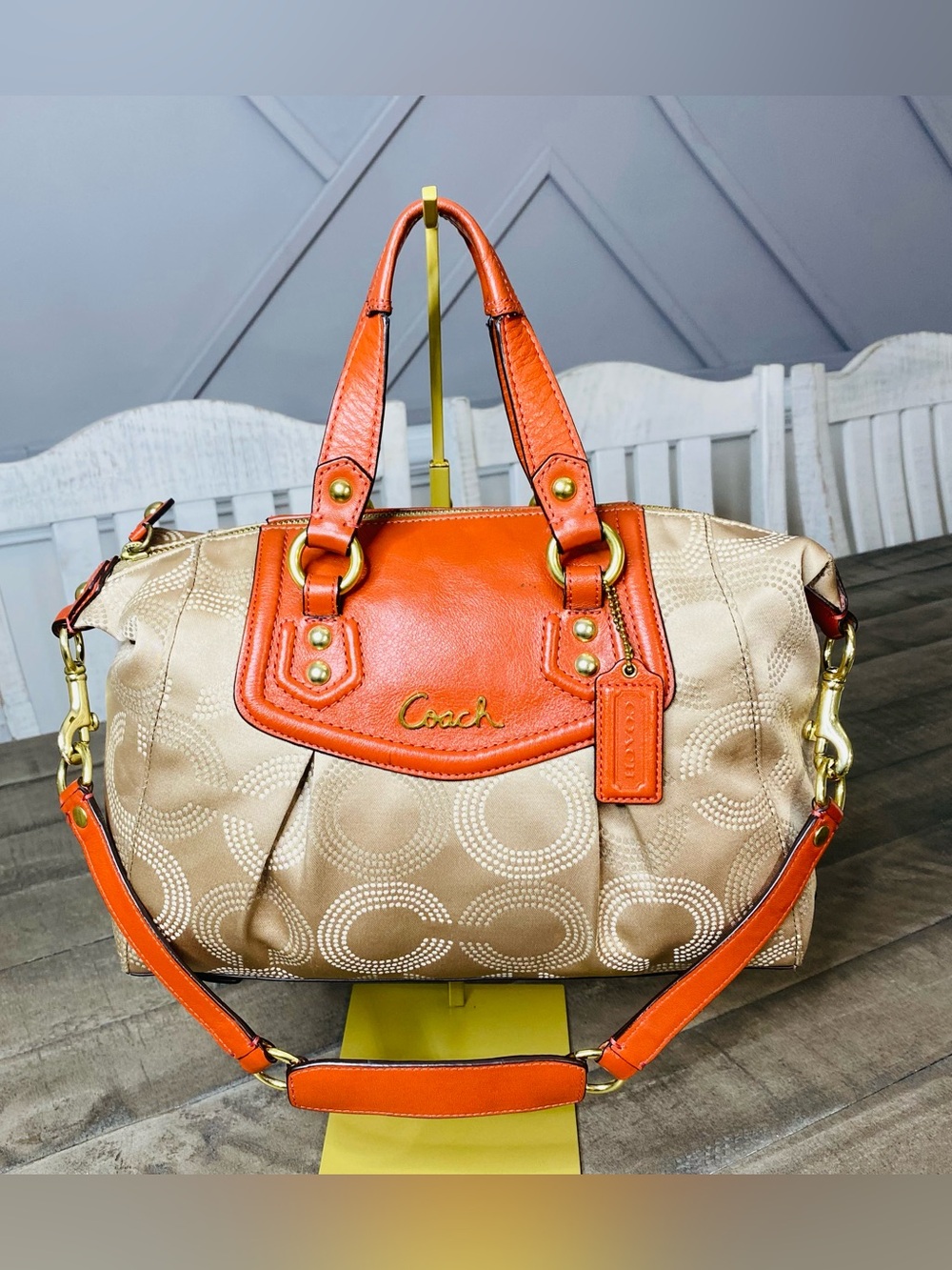 Coach Ashley Dotted Op Art Satchel Carryall Bag Beige Orange Leather F20027